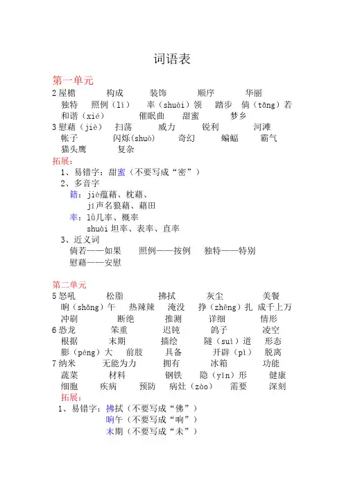 部编版四年级下册语文词语表整理与汇总