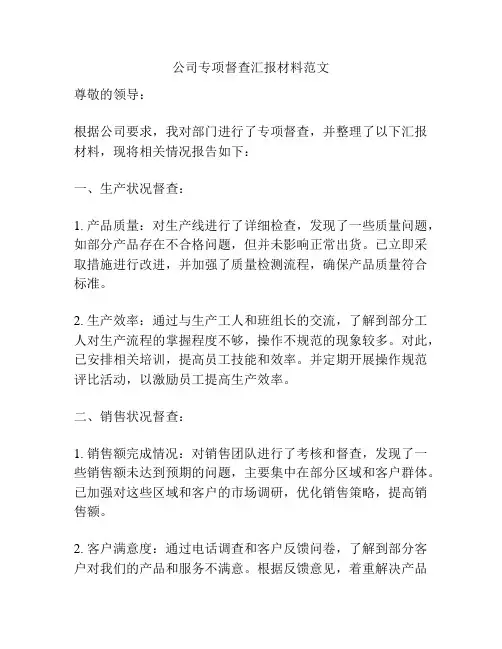 公司专项督查汇报材料范文