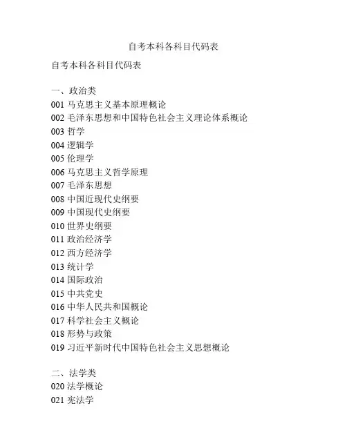 自考本科各科目代码表