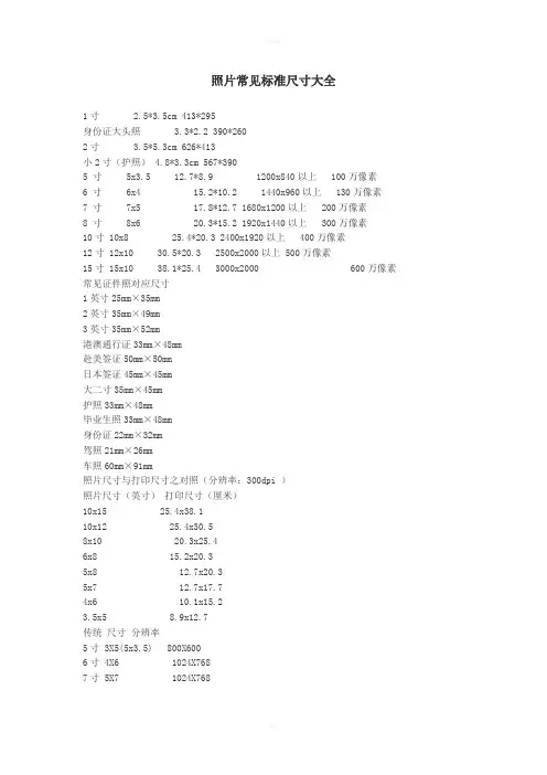 照片常见标准尺寸大全