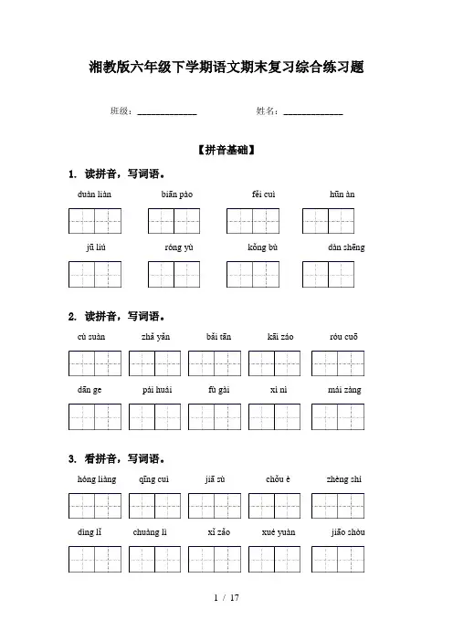 湘教版六年级下学期语文期末复习综合练习题