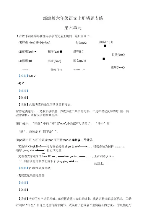 2022年部编版语文六年级上册第六单元错题专练测试卷(含答案解析)