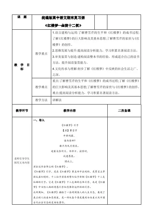 第七单元《红楼梦--金陵十二钗》教案(表格式)2023-2024学年统编版高中语文必修下册.doc