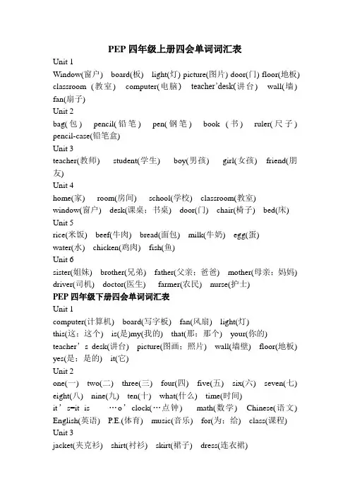 小学四年级英语单词表(人教版)