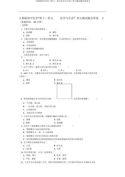人教版初中化学《第十二单元化学与生活》单元测试题及答案2