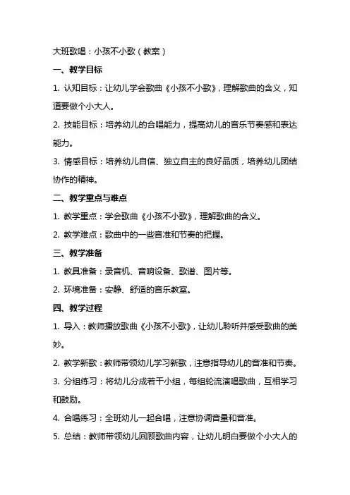 大班歌唱：小孩不小歌(教案)