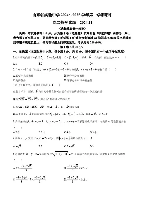 山东省济南市山东省实验中学2024-2025学年高二上学期11月期中考试数学试题(含答案)