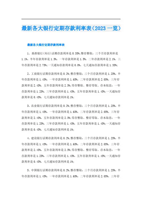 最新各大银行定期存款利率表(2023一览)