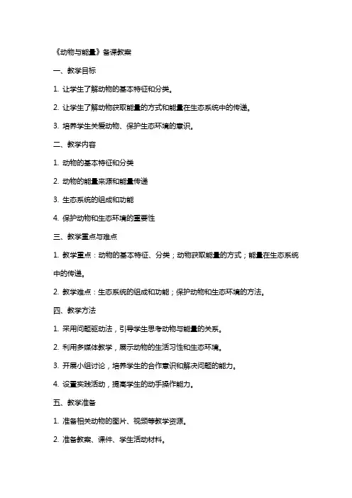 《动物与能量》备课教案