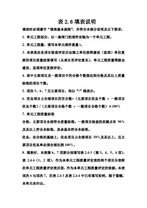 表2.6 平面闸门埋件安装单元工程质量评定表填表说明