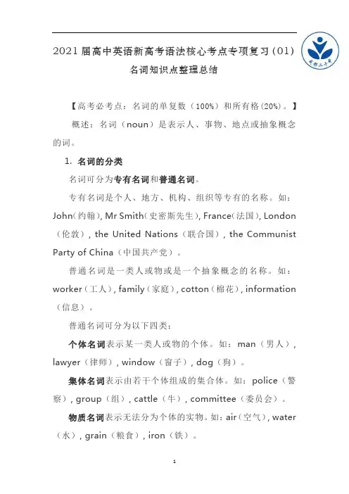 高中英语新高考语法核心考点专项复习(01)名词知识点整理总结