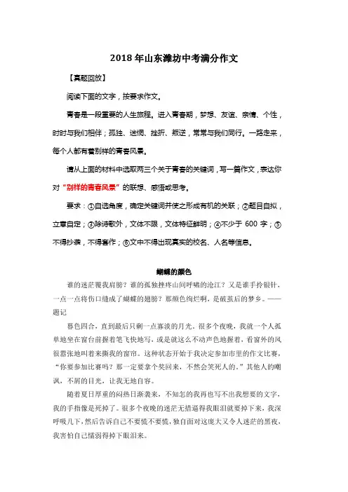 2018年山东潍坊中考满分作文《蝴蝶的颜色》