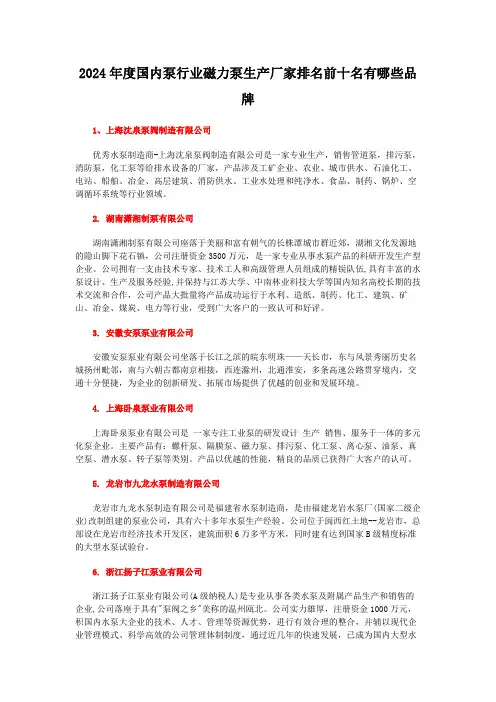 2024年度国内泵行业磁力泵生产厂家排名前十名有哪些品牌