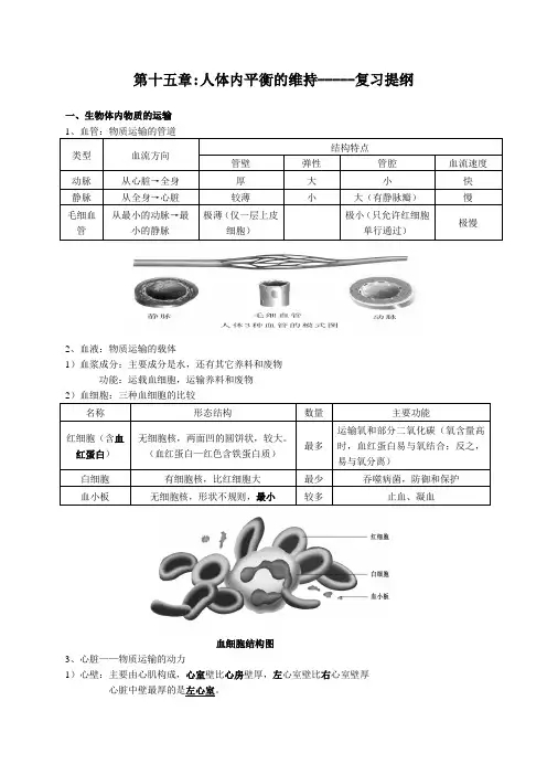 苏科版八年级生物上册第十五章人体内平衡的维持-----复习提纲