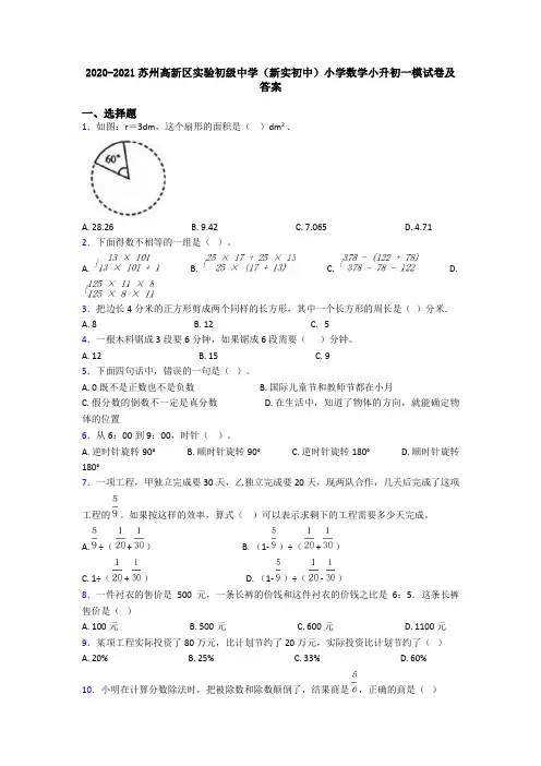 2020-2021苏州高新区实验初级中学(新实初中)小学数学小升初一模试卷及答案