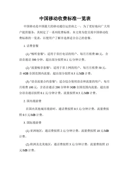 中国移动收费标准一览表