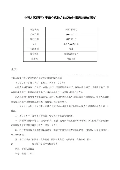 中国人民银行关于建立房地产信贷统计报表制度的通知-银发[1998]63号