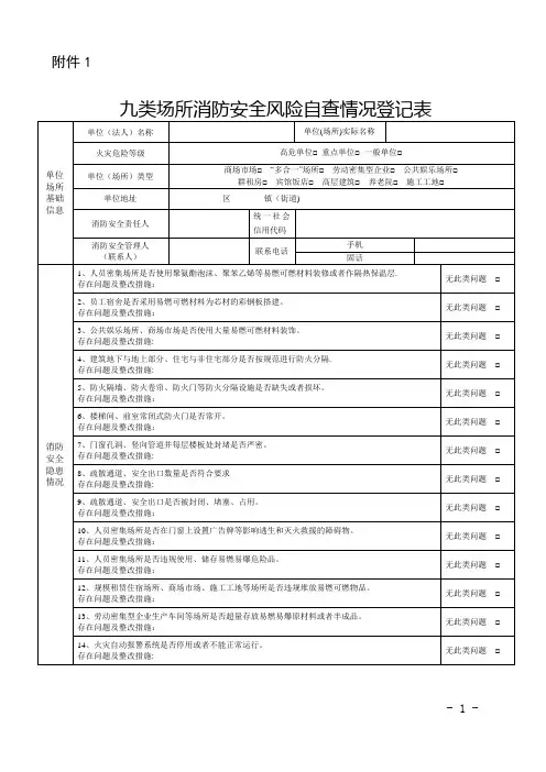 九类场所消防安全风险自查情况登记表