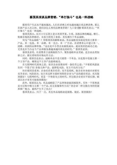 蔡国其浅谈品牌营销：“单打独斗”也是一种战略