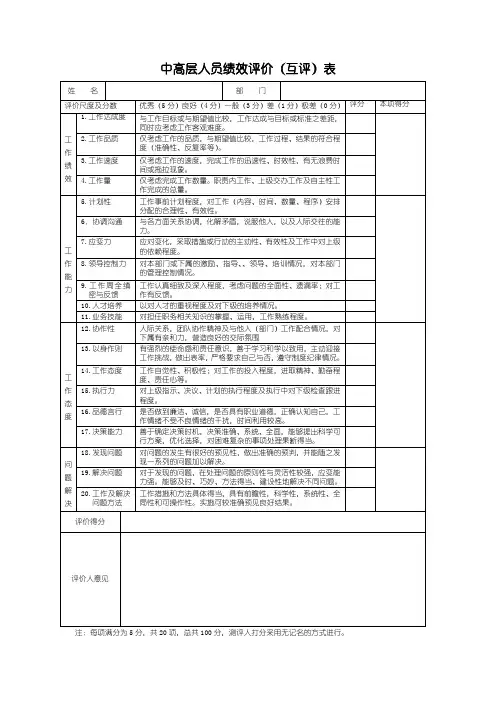 中高层人员绩效评价(互评)表
