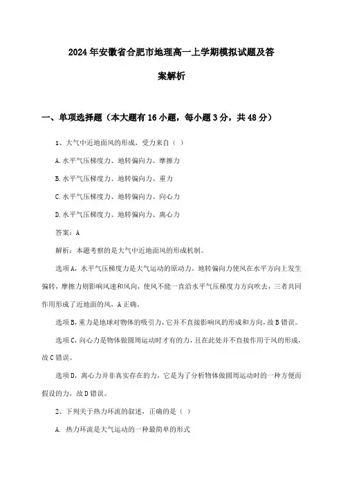 2024年安徽省合肥市地理高一上学期模拟试题及答案解析