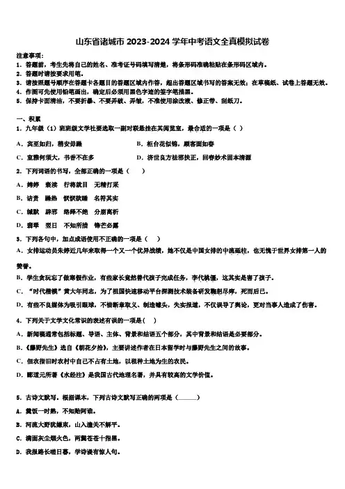 山东省诸城市2023-2024学年中考语文全真模拟试卷含解析