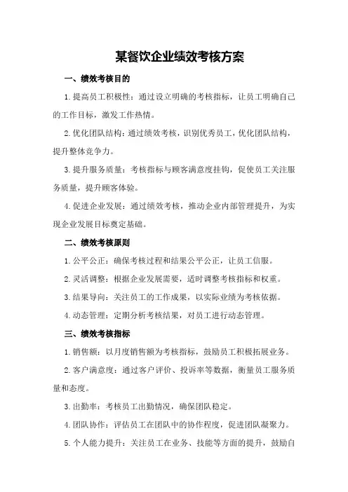 某餐饮企业绩效考核方案