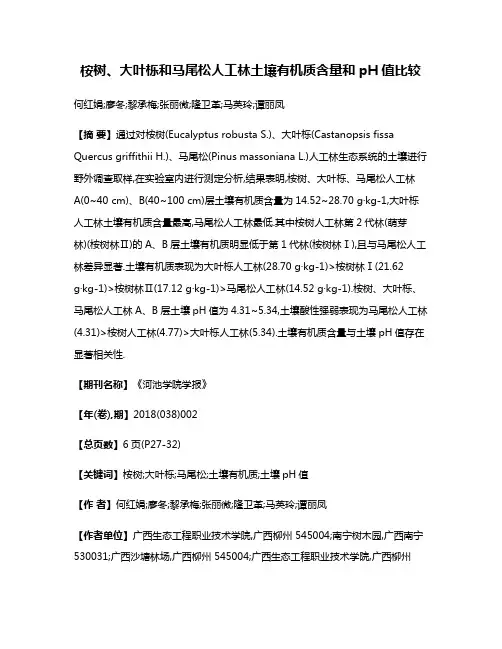 桉树、大叶栎和马尾松人工林土壤有机质含量和pH值比较