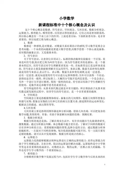 小学数学新课程标准中十个核心概念、及认识