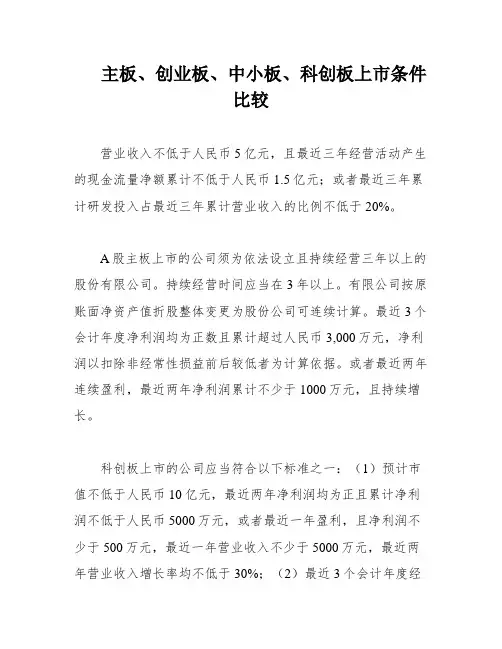 主板、创业板、中小板、科创板上市条件比较