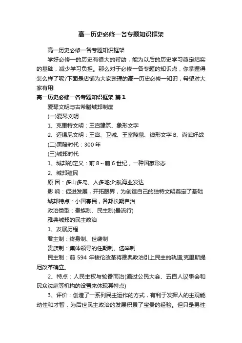 高一历史必修一各专题知识框架