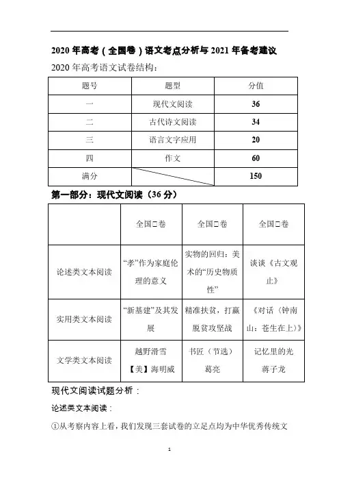 高中语文 2020年高考(全国卷)语文考点分析与2021年备考建议