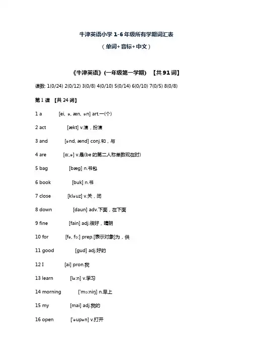 牛津英语小学1-6年级所有学期词汇表(单词+音标+中文)