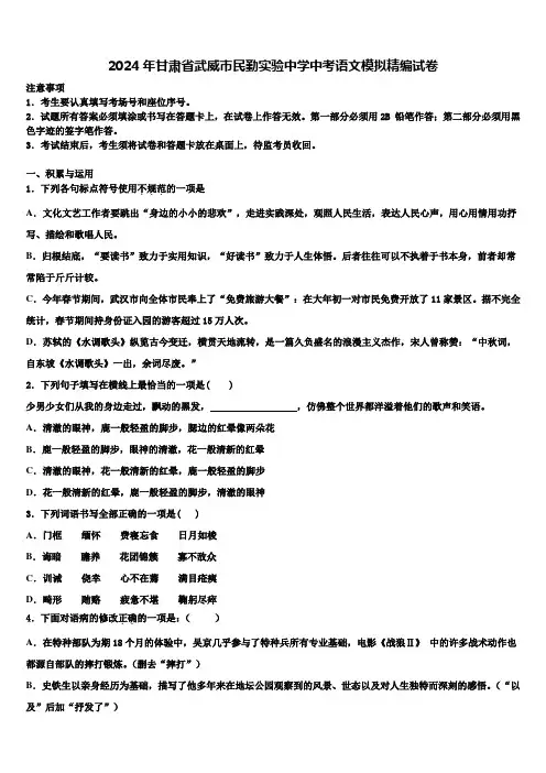 2024年甘肃省武威市民勤实验中学中考语文模拟精编试卷含解析