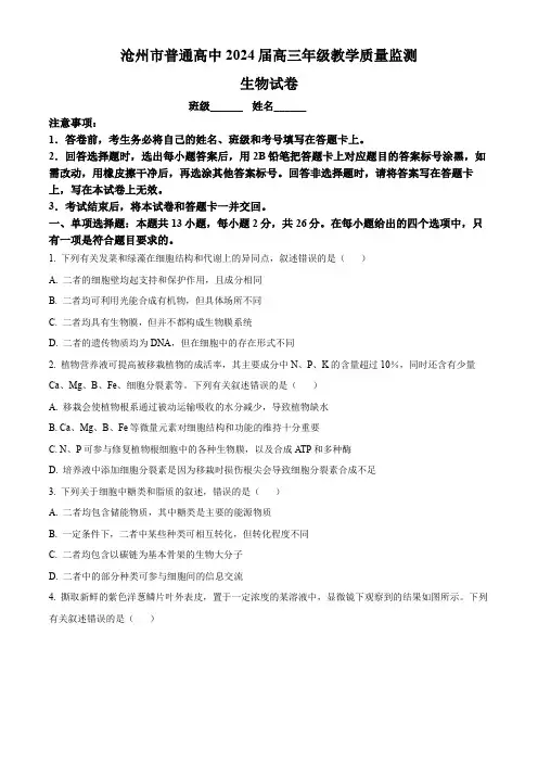河北省沧州市普通高中2024届高三上学期12月月考生物试题含答案
