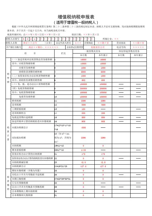 增值税纳税申报表(适用于增值税一般纳税人)样表