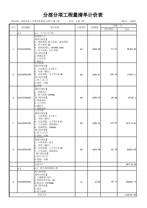 表-2 分部分项工程量清单计价表