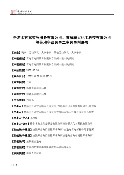 格尔木有龙劳务服务有限公司、青海联大化工科技有限公司等劳动争议民事二审民事判决书
