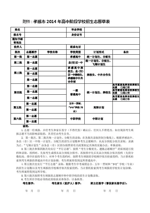 孝感市2014年高中阶段学校招生志愿草表