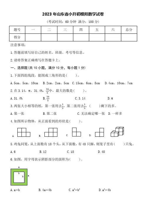 山东省小升初数学模拟试卷word空白卷附详细答案