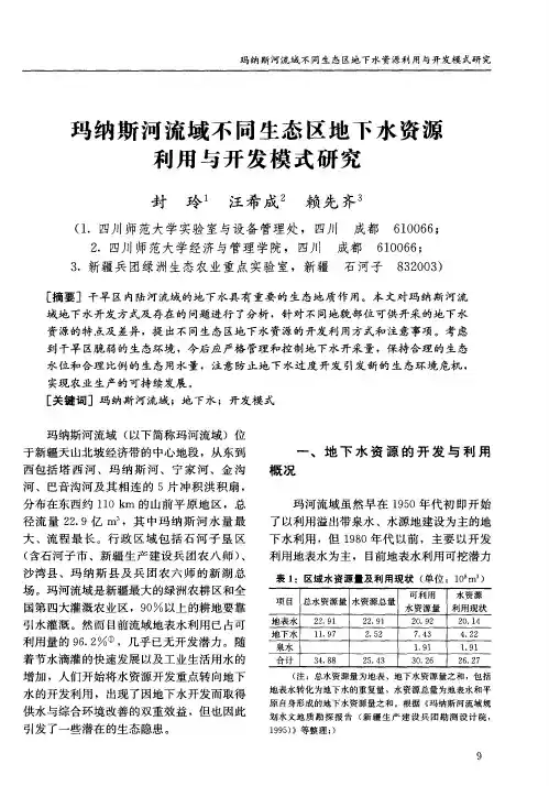 玛纳斯河流域不同生态区地下水资源利用与开发模式研究
