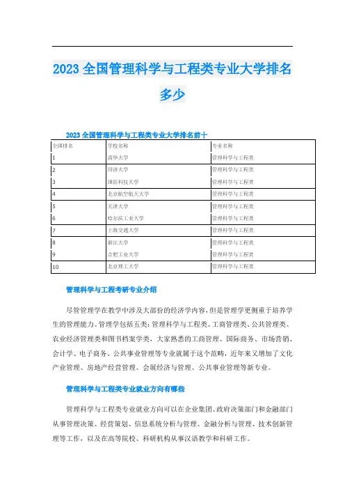 2023全国管理科学与工程类专业大学排名多少