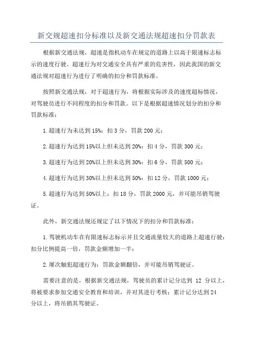 新交规超速扣分标准以及新交通法规超速扣分罚款表