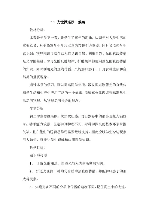 3.1 光世界巡行  教案  初中物理粤沪版八年级上册