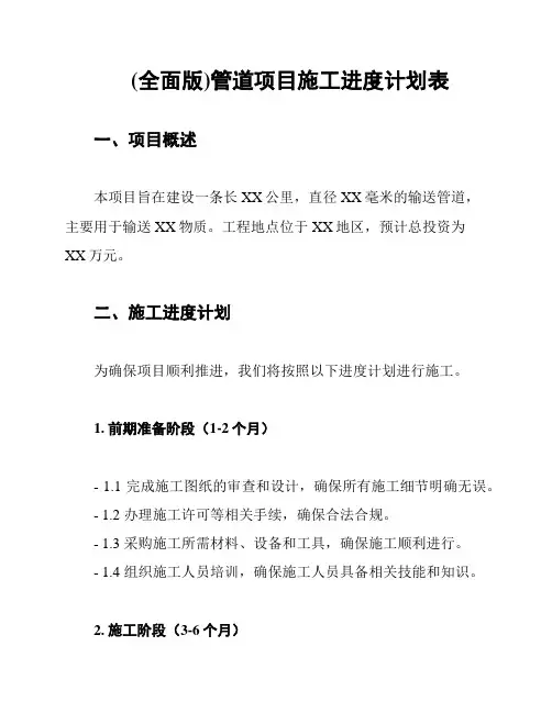 (全面版)管道项目施工进度计划表