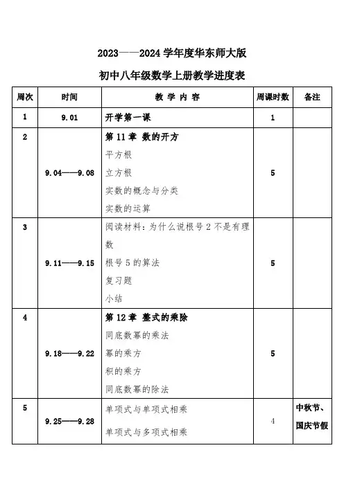 2023年秋学期华东师大版初中数学八年级上册教学进度表