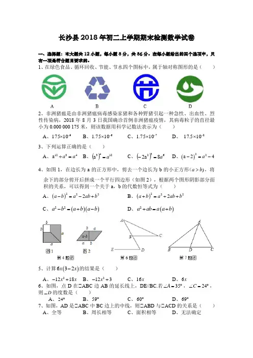 湖南省长沙市长沙县2018-2019学年八年级上学期期末考试数学试题(Word版,含答案)