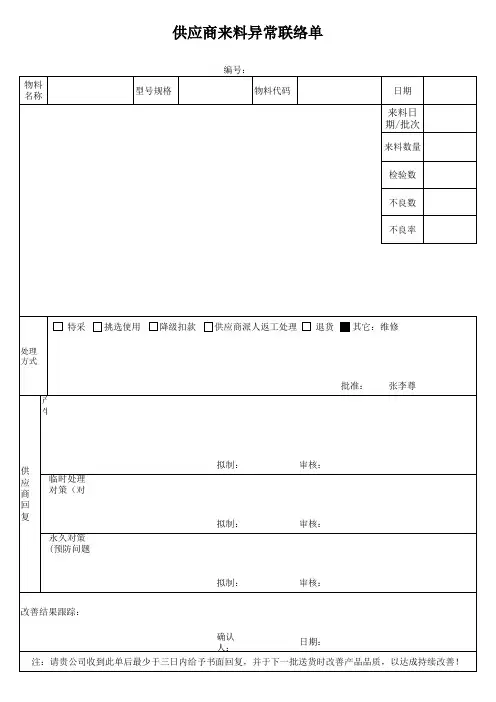 供应商来料异常联络单 -样本