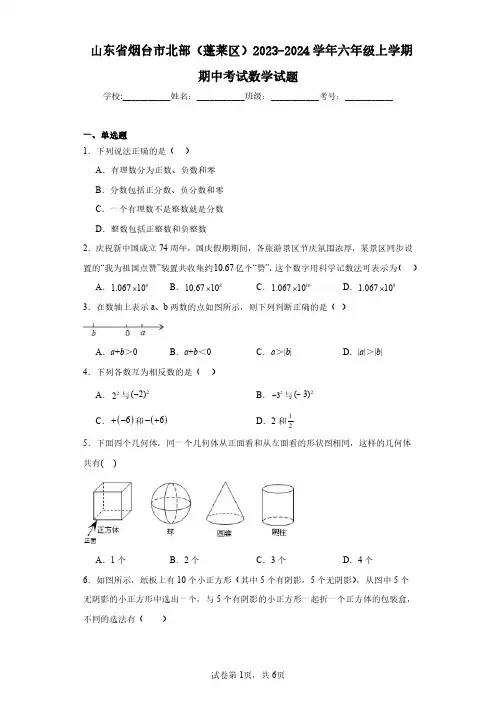 山东省烟台市北部(蓬莱区)2023-2024学年六年级上学期期中考试数学试题(含答案解析)