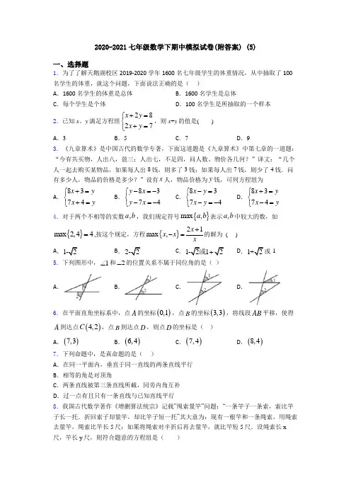 2020-2021七年级数学下期中模拟试卷(附答案) (5)